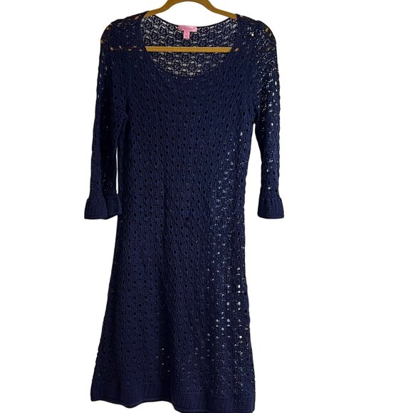 Lilly Pulitzer Shauna Tunic Crochet Shift Dress Swim Cover Up S Navy Blue - Picture 5 of 7